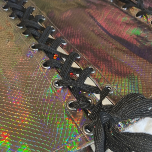 Dolls Kill × Club Exx Holographic Textured Lace Up Mini Skirt (L) - Picture 2 of 4